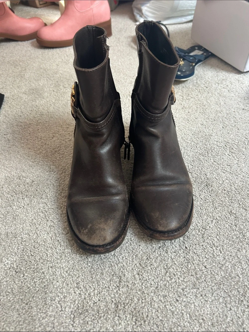 Tory Burch Dark Brown Leather Ankle Booties with Side Buckle